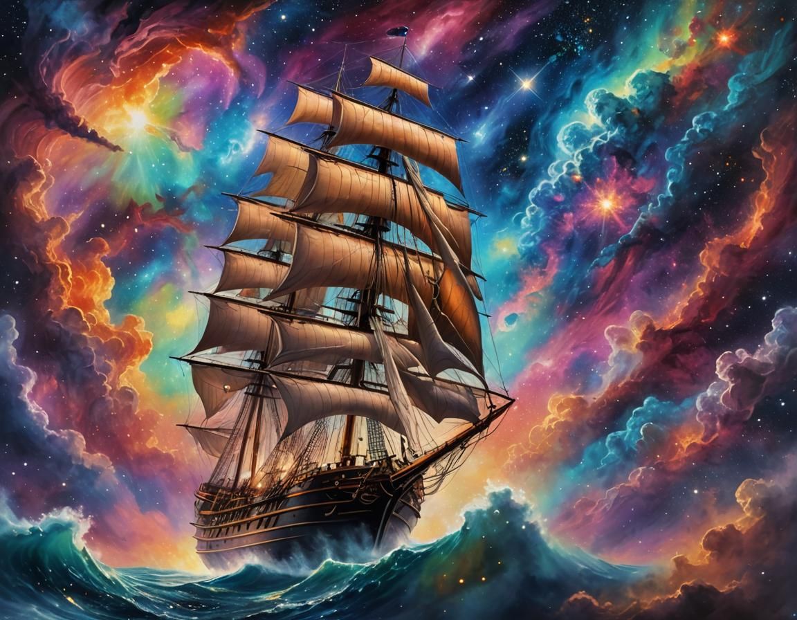 Schooner Sails Through Stardust in Space Dreamscape