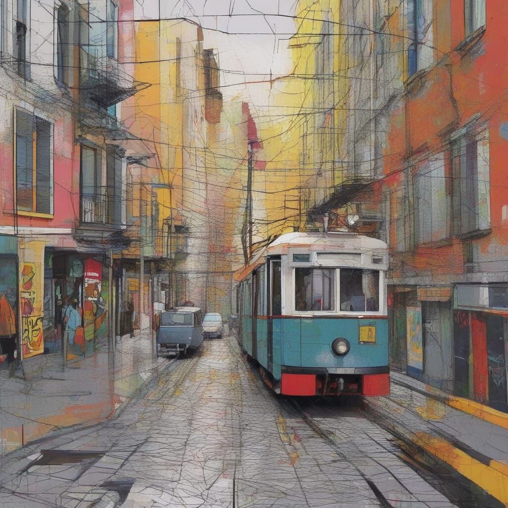 Spiderweb Tram in Surreal Cityscape Pop Art Illustration