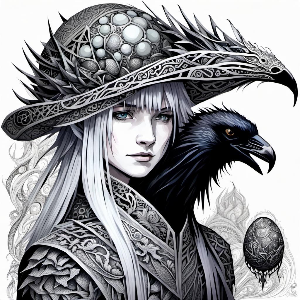 Elven Model with Dragon-Raven Hybrid in Zentangle Style