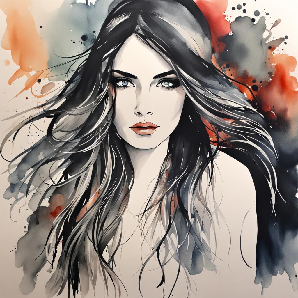 Italian Woman with Flowing Hair, Ink and Watercolor