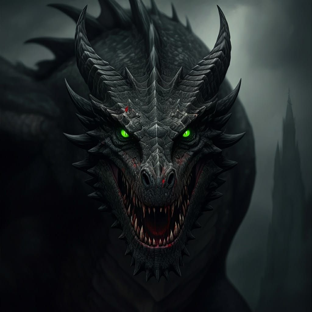 Majestic Black Dragon with Green Eyes and Twisted Horns
