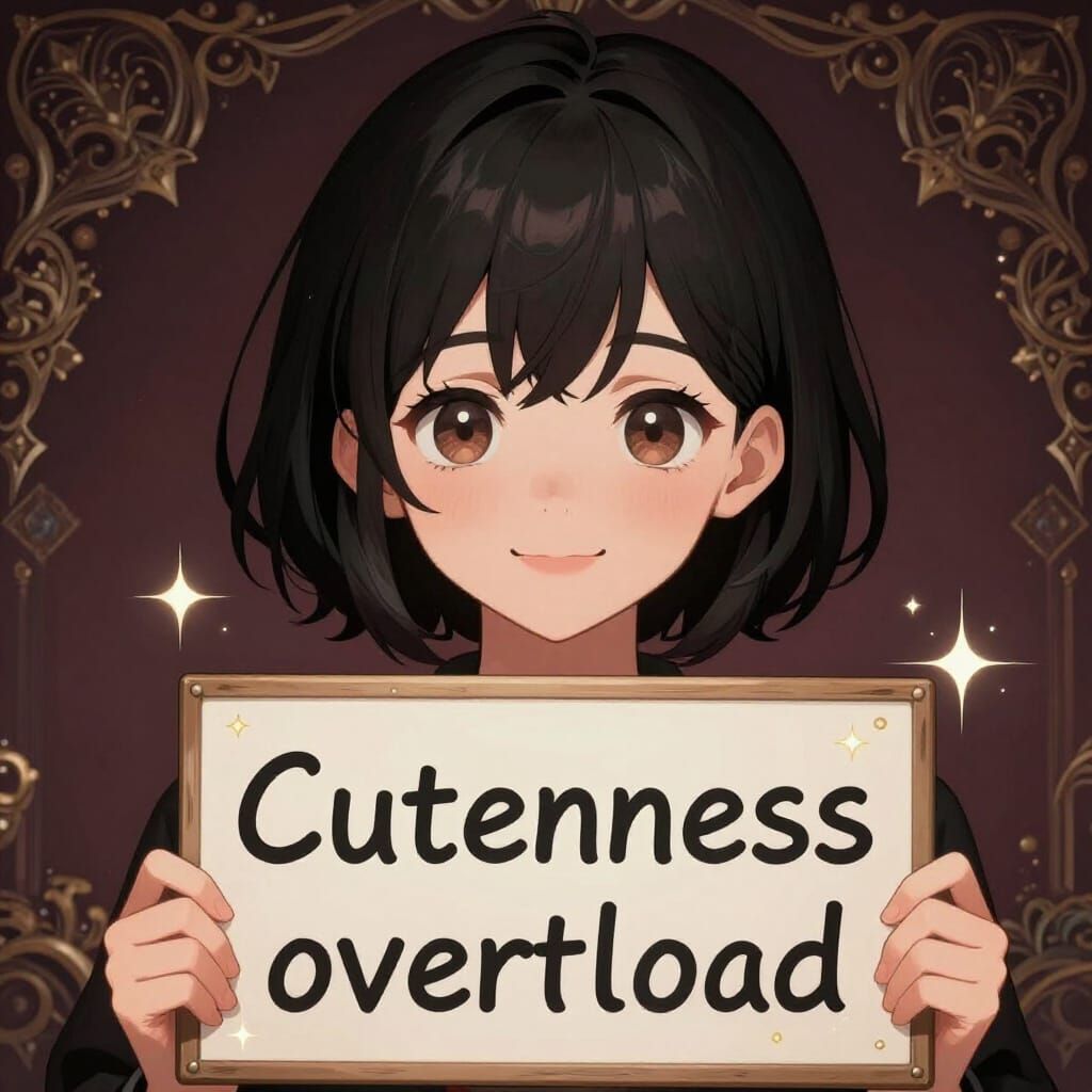 Anime Woman With Cute Expression Holding 'Cuteness Overload'...