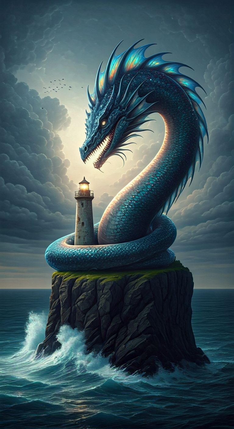 Sea Serpent Guards Lighthouse Under Ethereal Moonlight