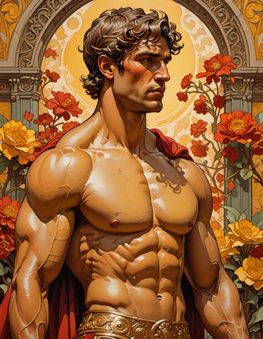 Art Nouveau Gladiator in Arena: Mucha Style Oil Painting