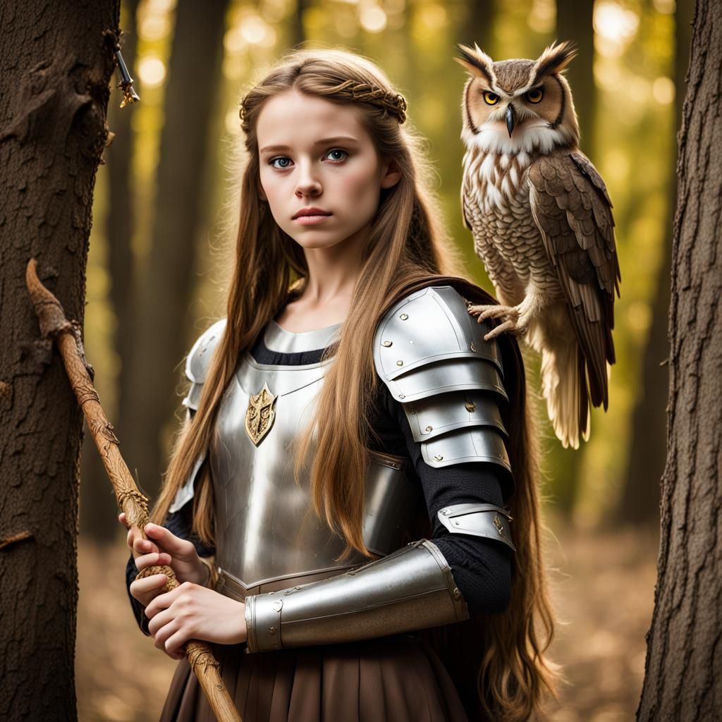 Armored Girl with Staff and Owl