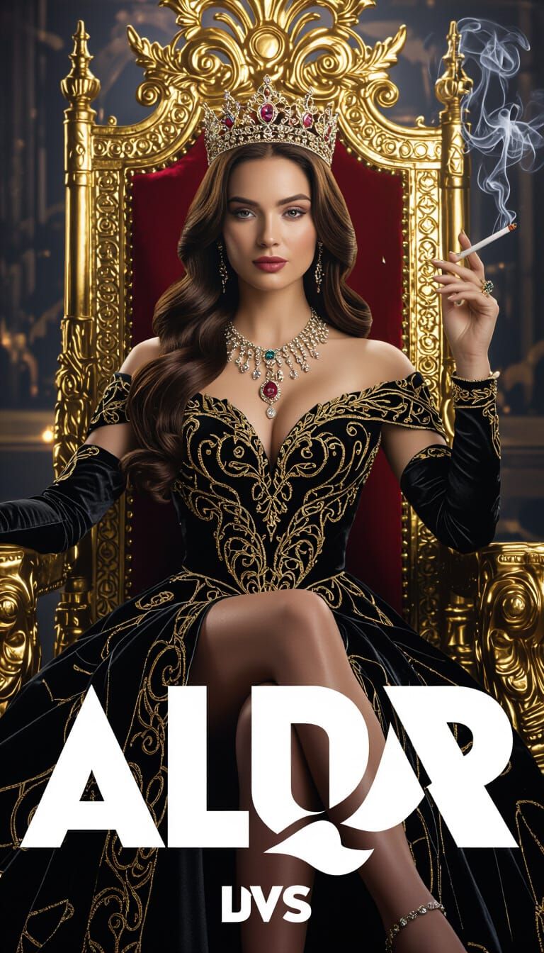 Majestic Woman on Jeweled Golden Throne in Black Royal Gown