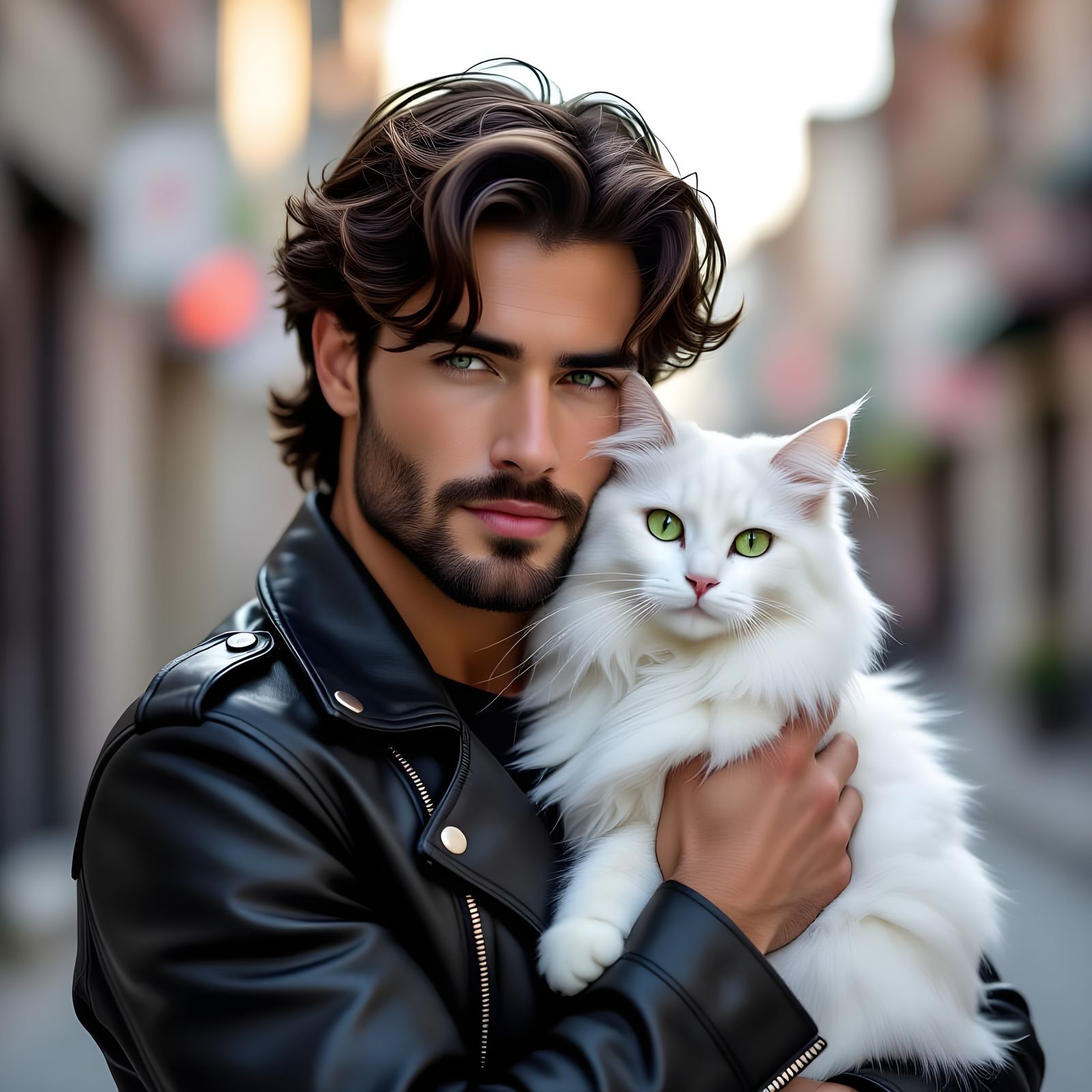 Heterochromatic Man Holding White Cat Portrait