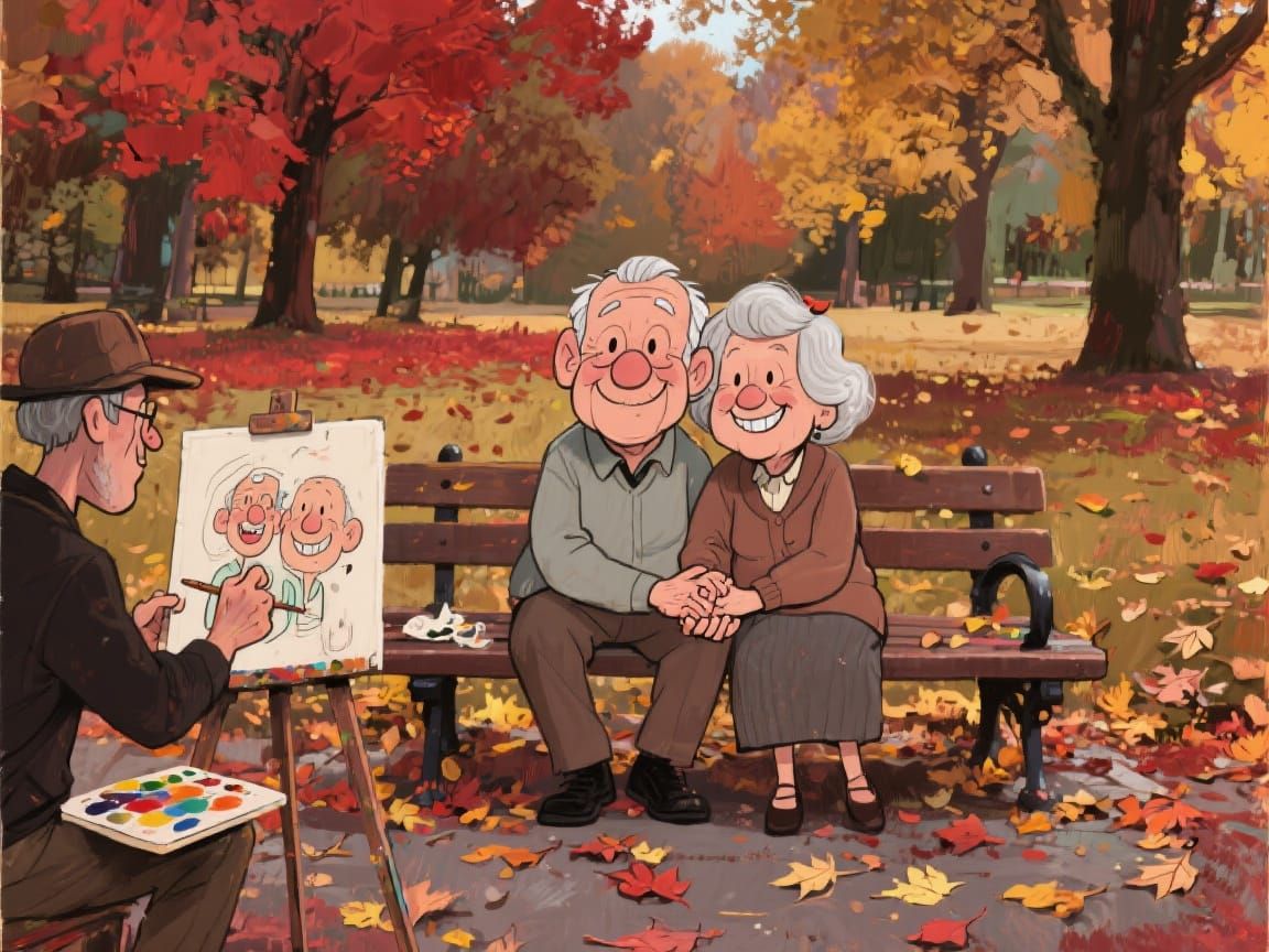 Autumn Park: Caricature Artist Paints Happy Couple