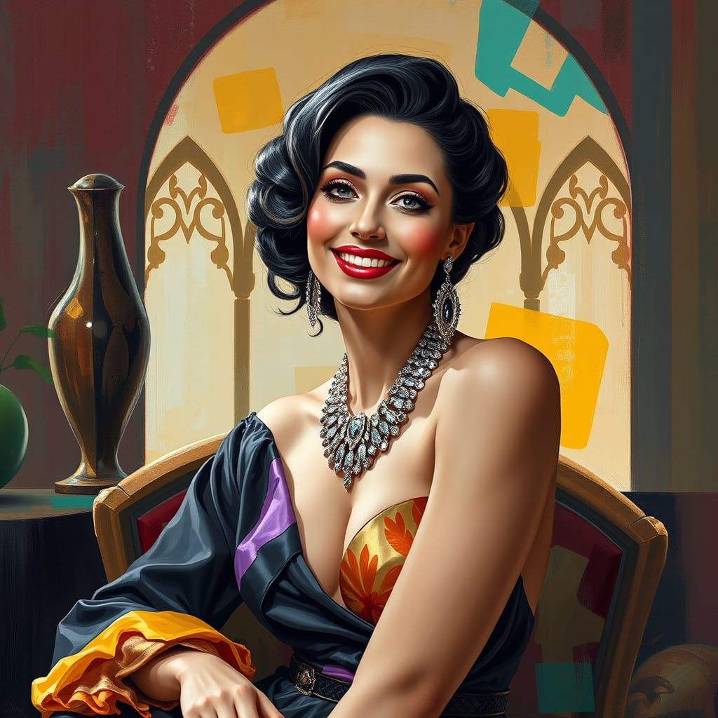 Regal Woman with Enigmatic Smile in Cubist Art Deco Style