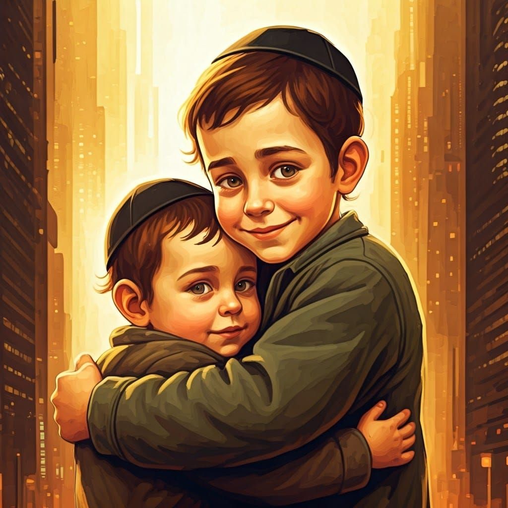 Haredi Hasidic Boy Hugs Baby Brother in Gritty Urban Dystopi...