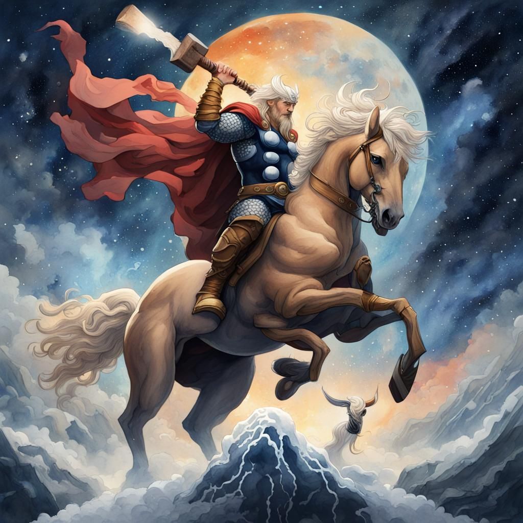 Thor on Pegasus: Hokusai-Style Watercolor Painting