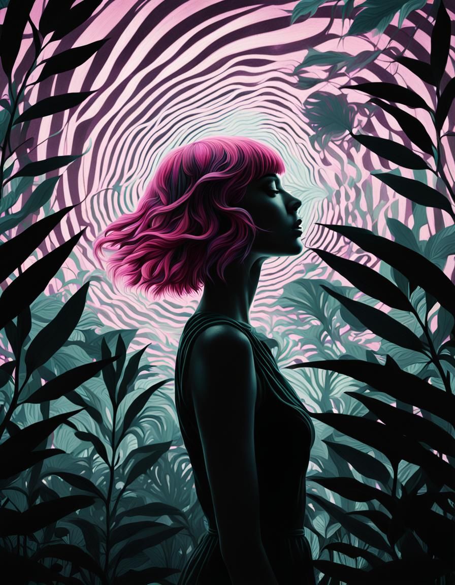 Pink-Haired Girl in Luminescent Op-Art Wilderness