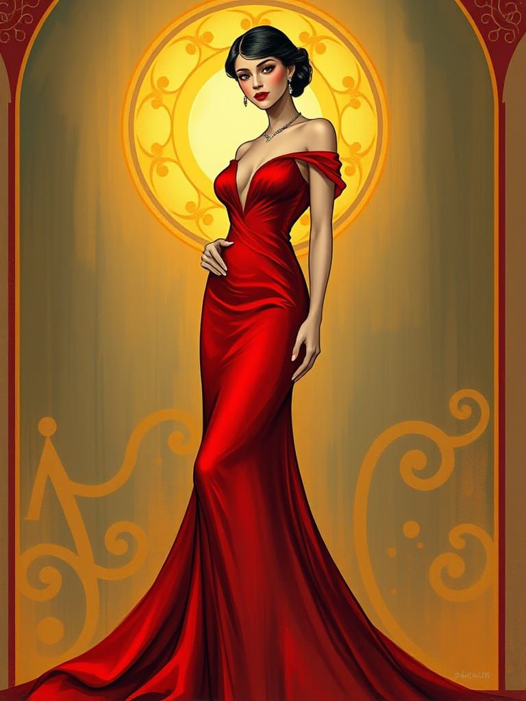 Elegant Woman in Red Gown, Art Nouveau Style