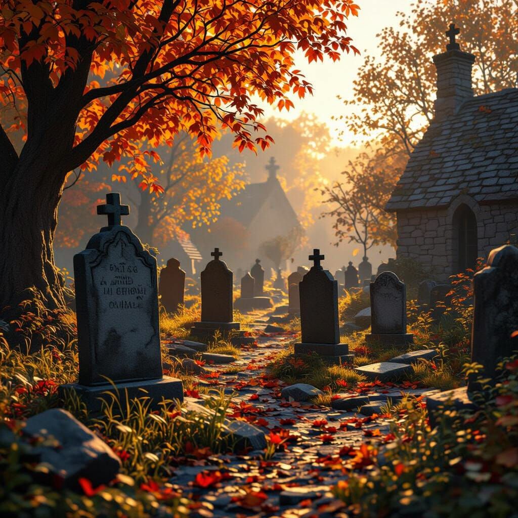 Monastery Graveyard in Autumn, Romantic Landscape Style