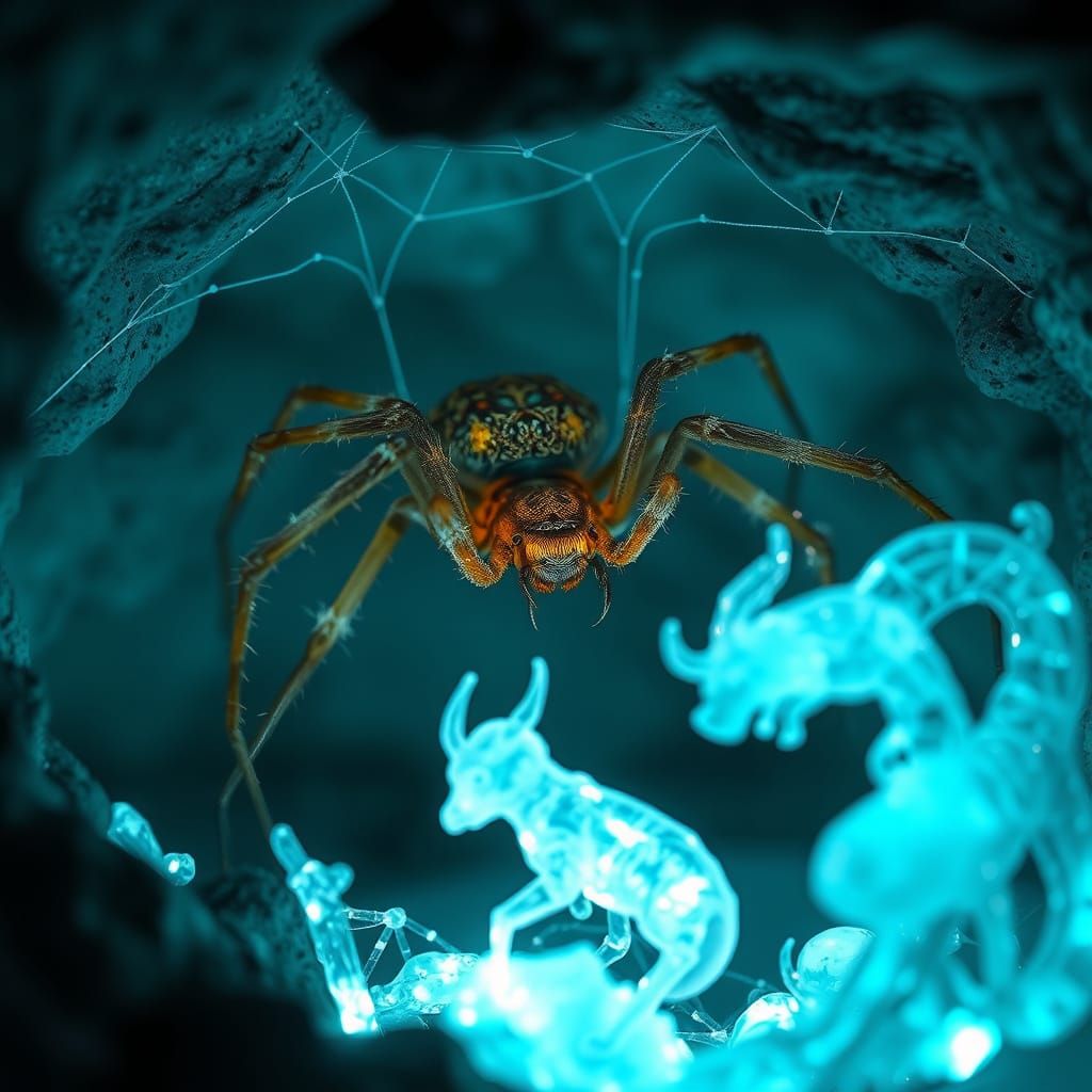 Mystical Spider Weaves Crystalline Animal Sculptures in Ethe...