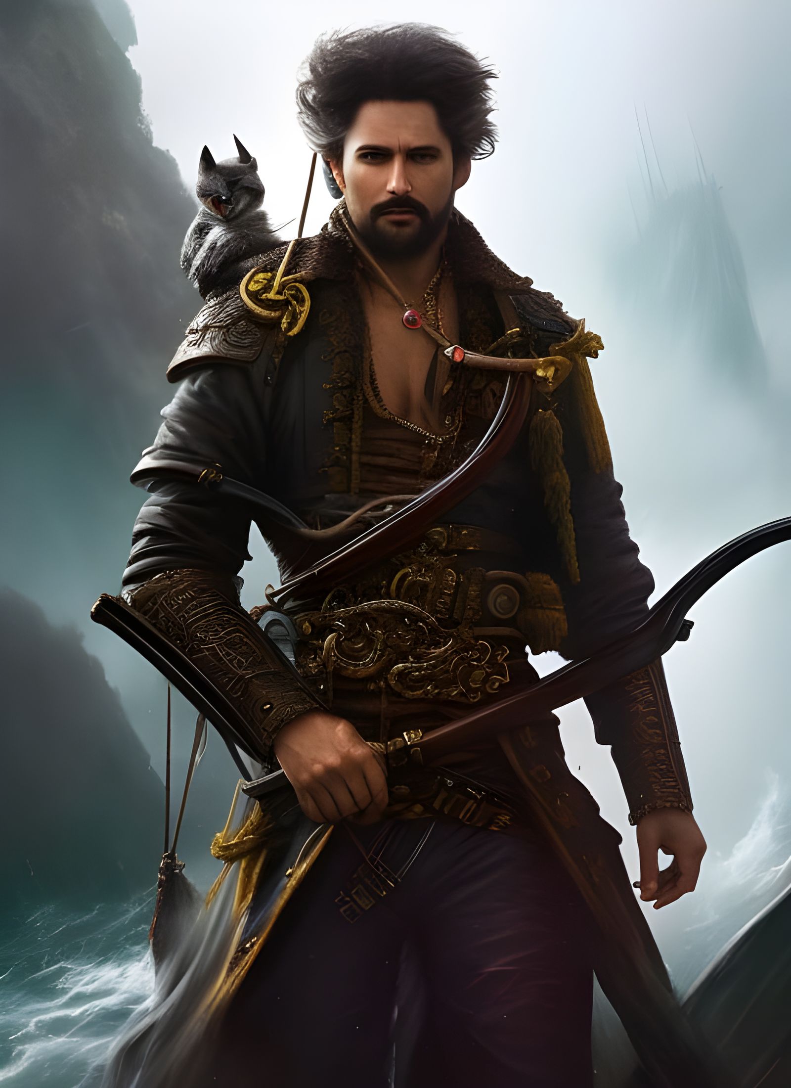 Feline Pirate Deckhand in Stormy Seas