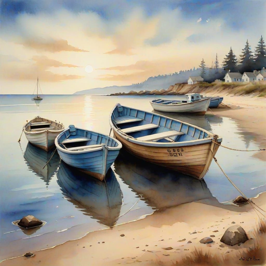 Alien Surreal Boats on Shoreline in Watercolor Style