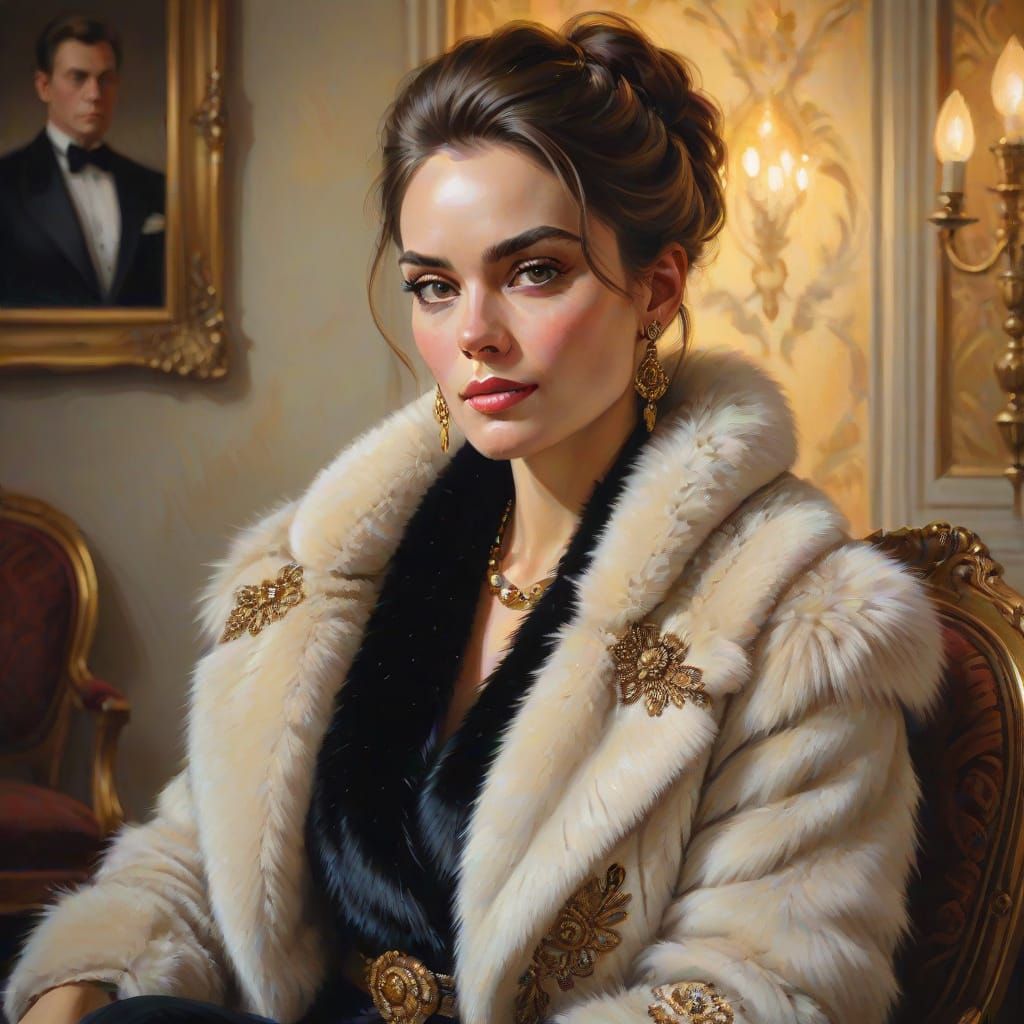 Elegant Woman in Fur Coat: Oil Painting Portrait