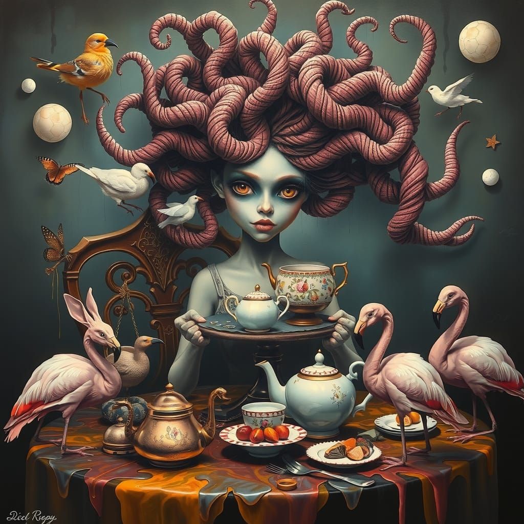 Surreal Tea Party with Gaunt Girl in Oil on Canvas