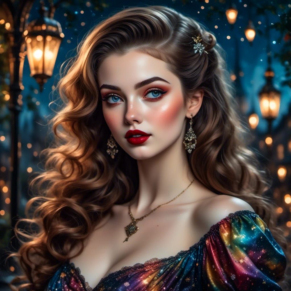 Curvy Brunette in Rainbow Dress, Pin-Up Style