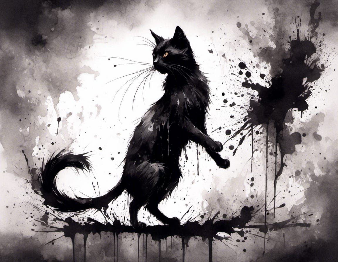 Curious Black Cat in Ink Splatter Art