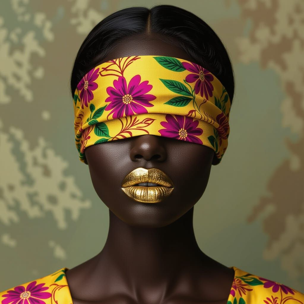Fine Art Portrait of Woman with Golden Lips and Blindfold