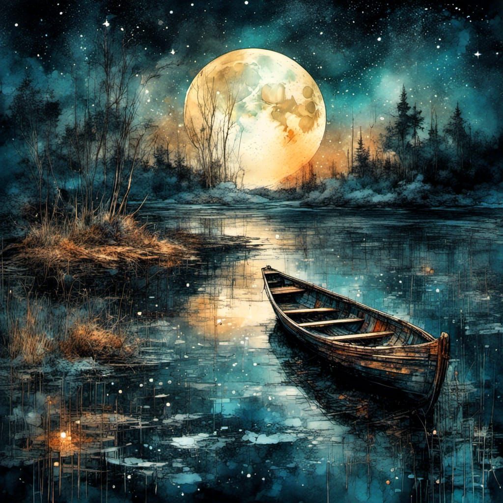 Moonlit Rowboat: Digital Watercolor Night Illustration
