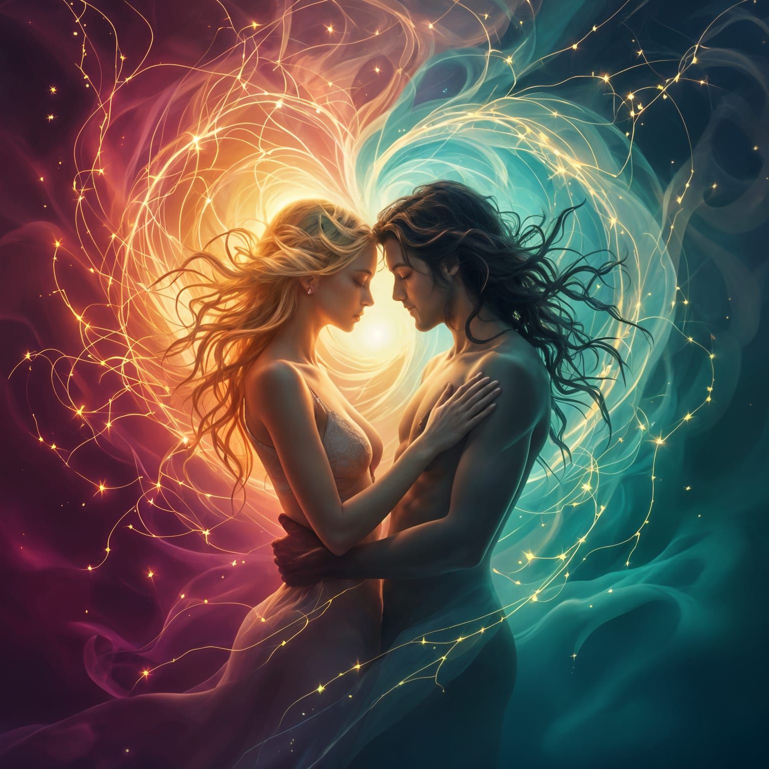Lovers' Energy Fields Merge in Surreal Embrace