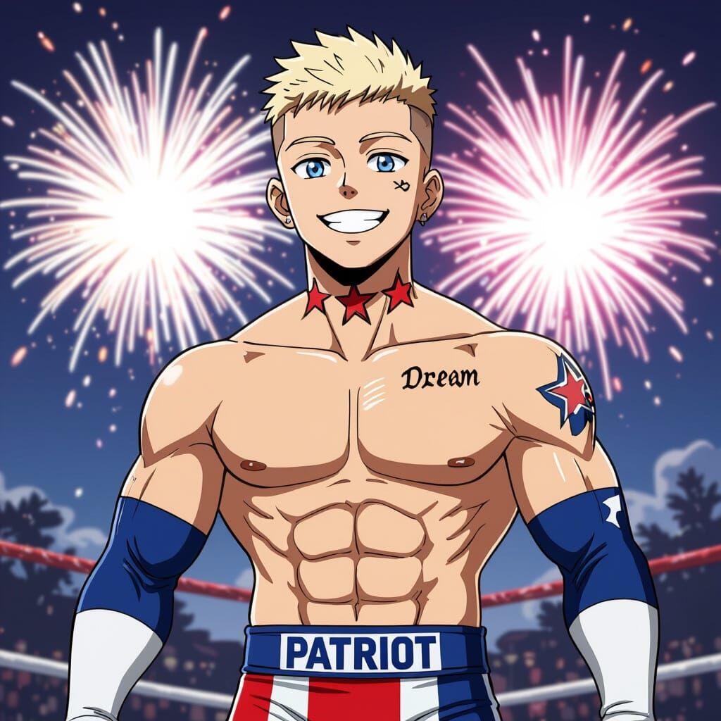 Anime Wrestler with American Flag Tights and Fireworks