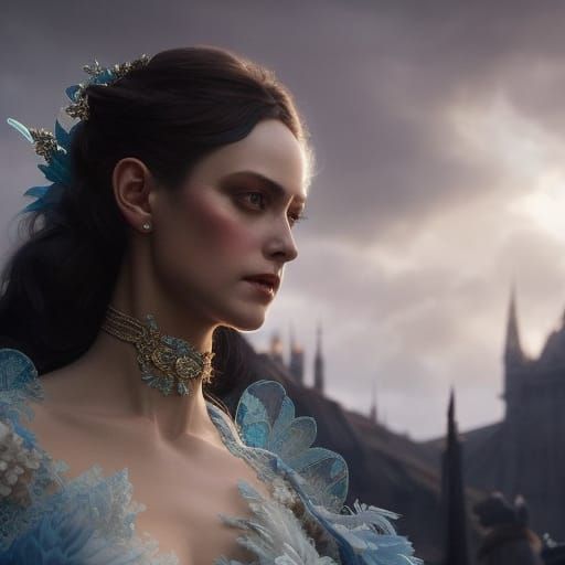 Fairy Queen in Blue Lace Gown, Digital Art