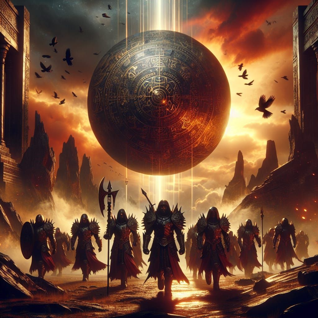 Armored Warriors Marching Towards Colossal Sphere