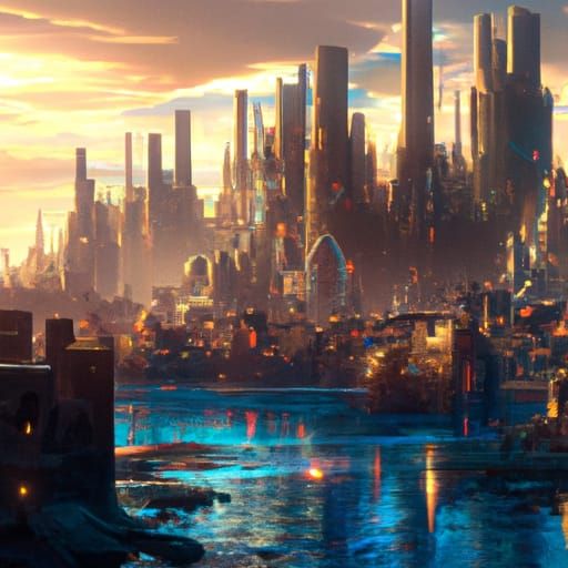 Atlantis Cityscape at Sunset: Dark Fantasy Concept Art