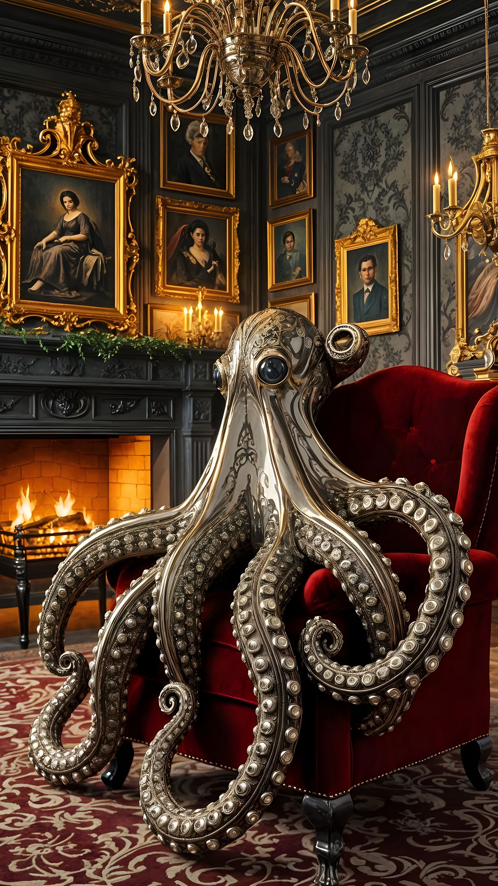 Luxurious Velvet Octopus in Victorian Drawing Room