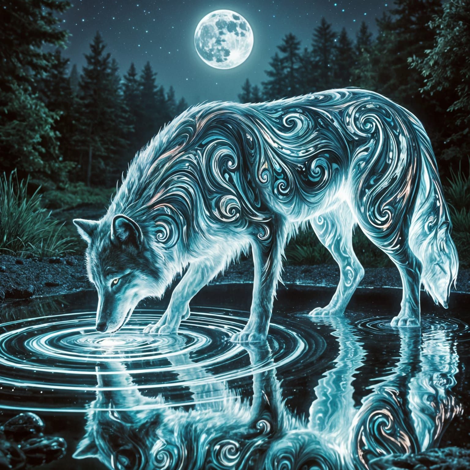 Mystical Iridescent Wolf Drinking at Moonlit Pond