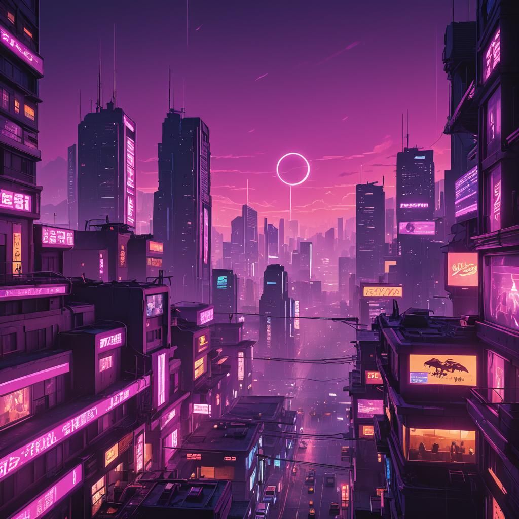 Cyberpunk Cityscape Through Window in Synthwave Style