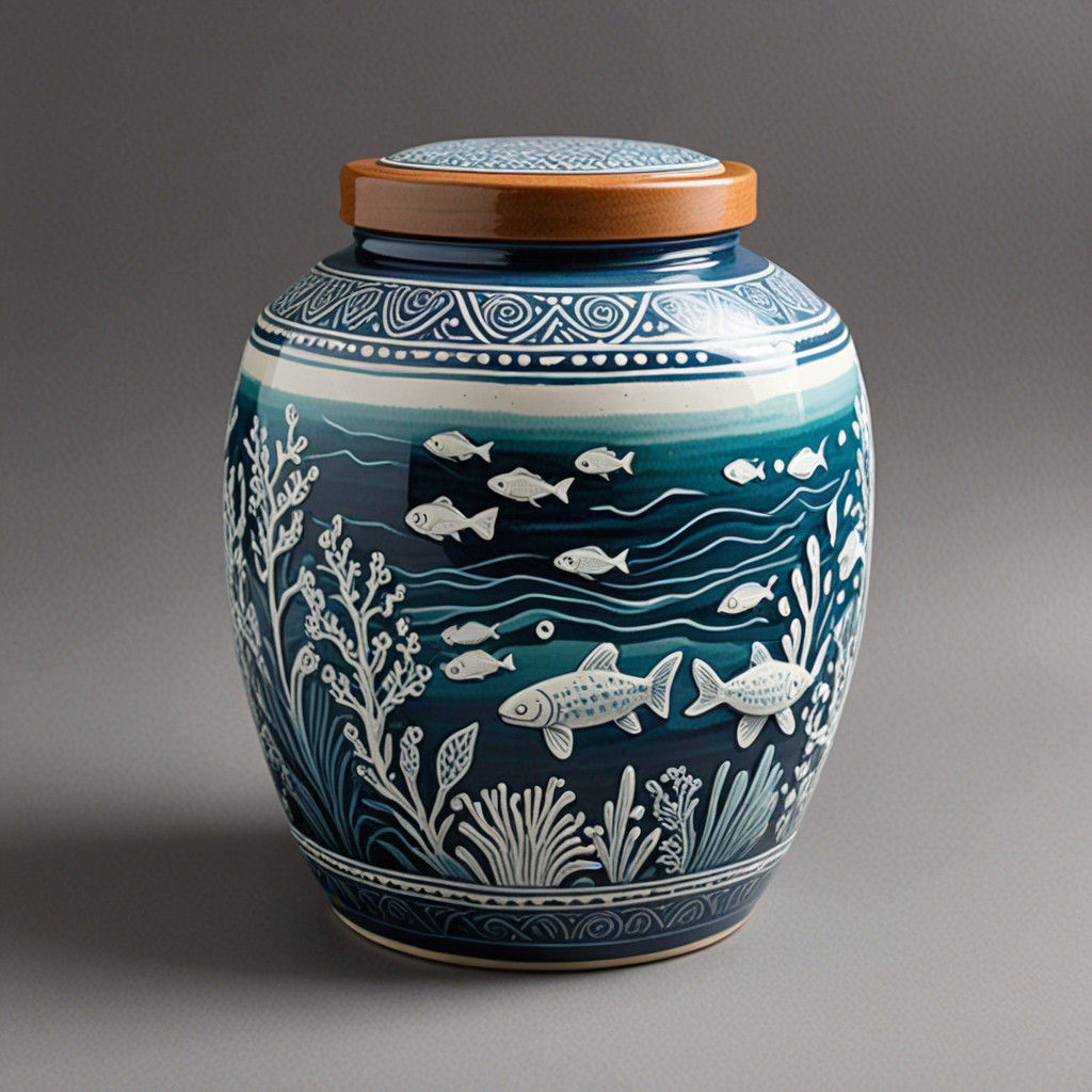 Scraffito earthenware jar aquatic designs