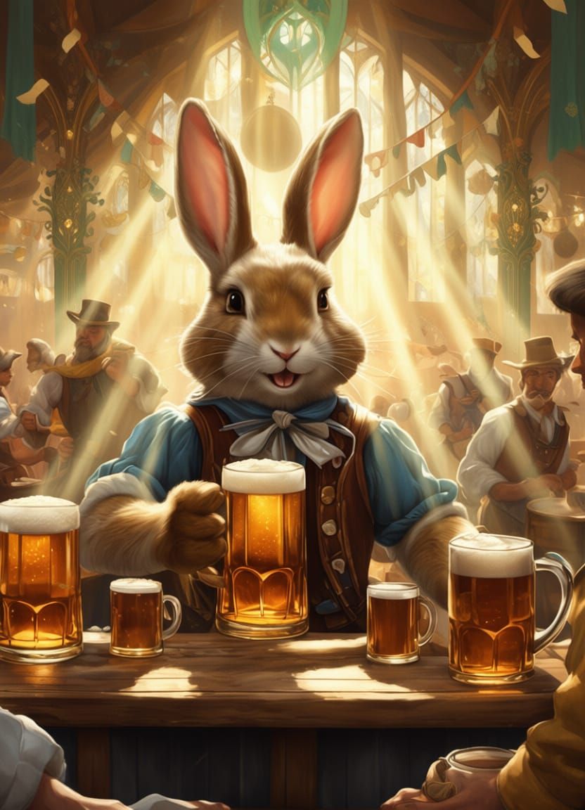 Rabbit Serving Beer at Oktoberfest in Detailed Concept Art S...