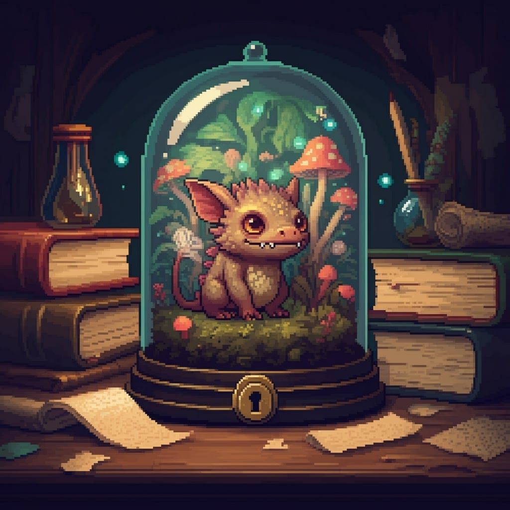 Charming Ferocious Creature in Ornate Glass Dome: 8-bit Pixe...