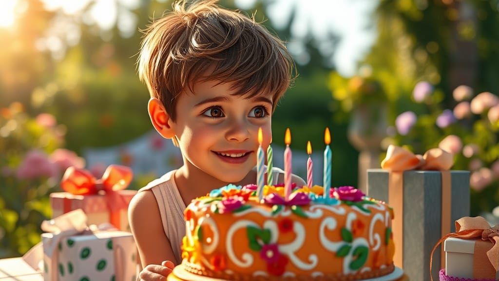 Joyful Young Boy Admires Birthday Cake in a Vibrant Garden S...