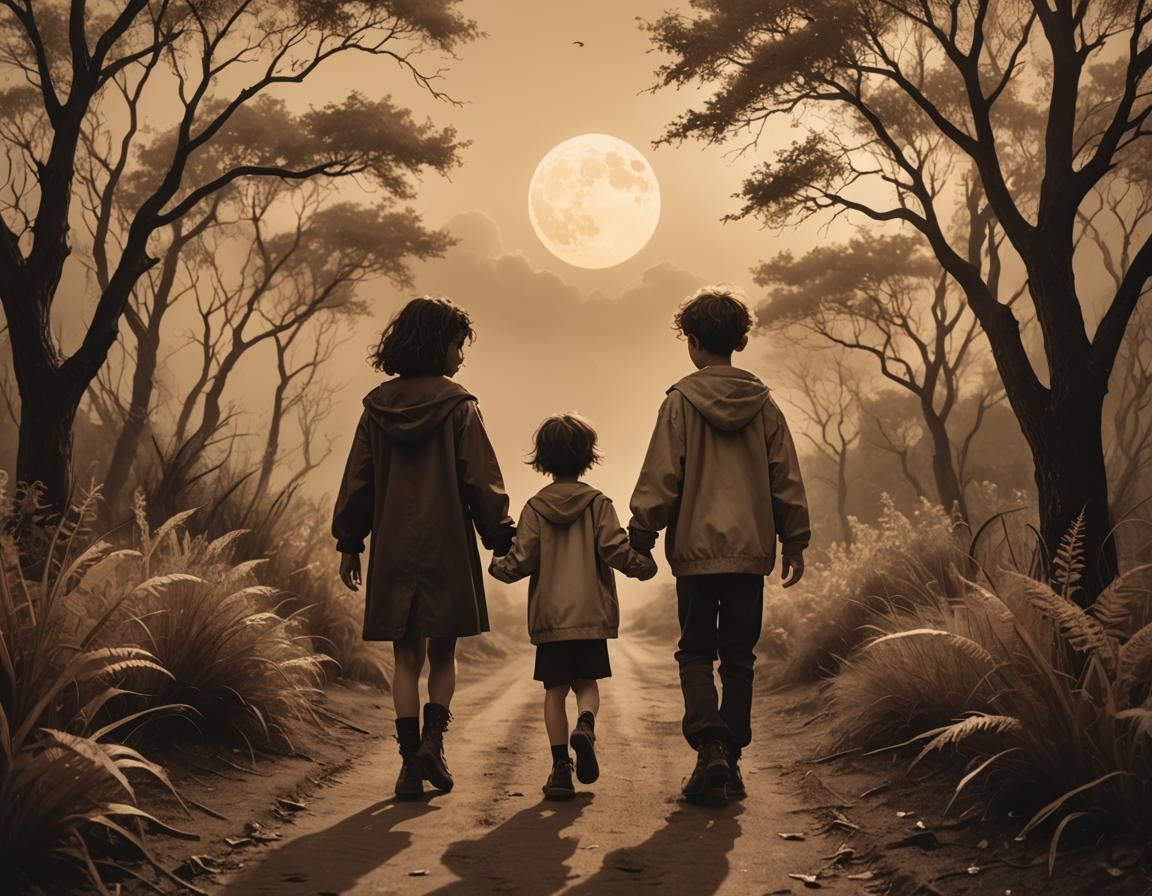 Kids on a Quest: Painterly Sepia Watercolor Illustration
