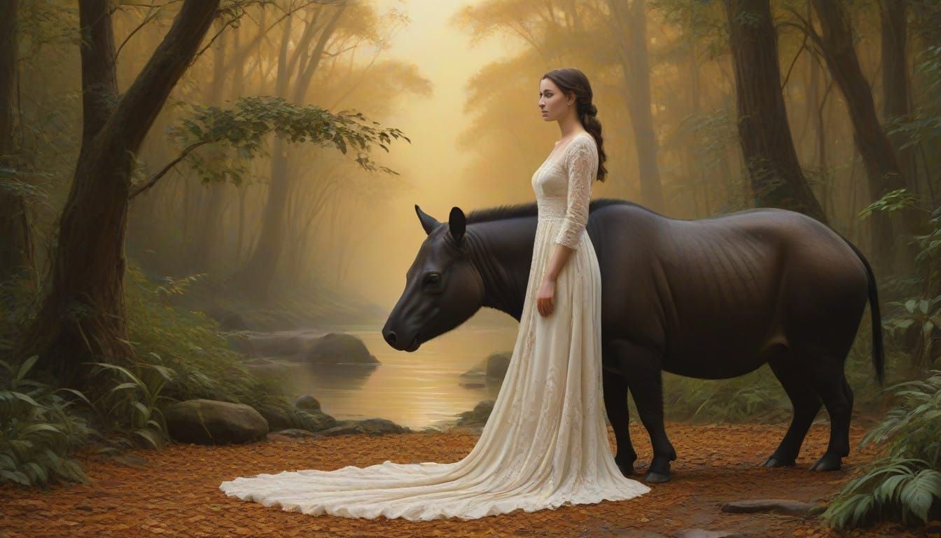Serenity in the Tropical Forest: Woman and Majestic Tapir