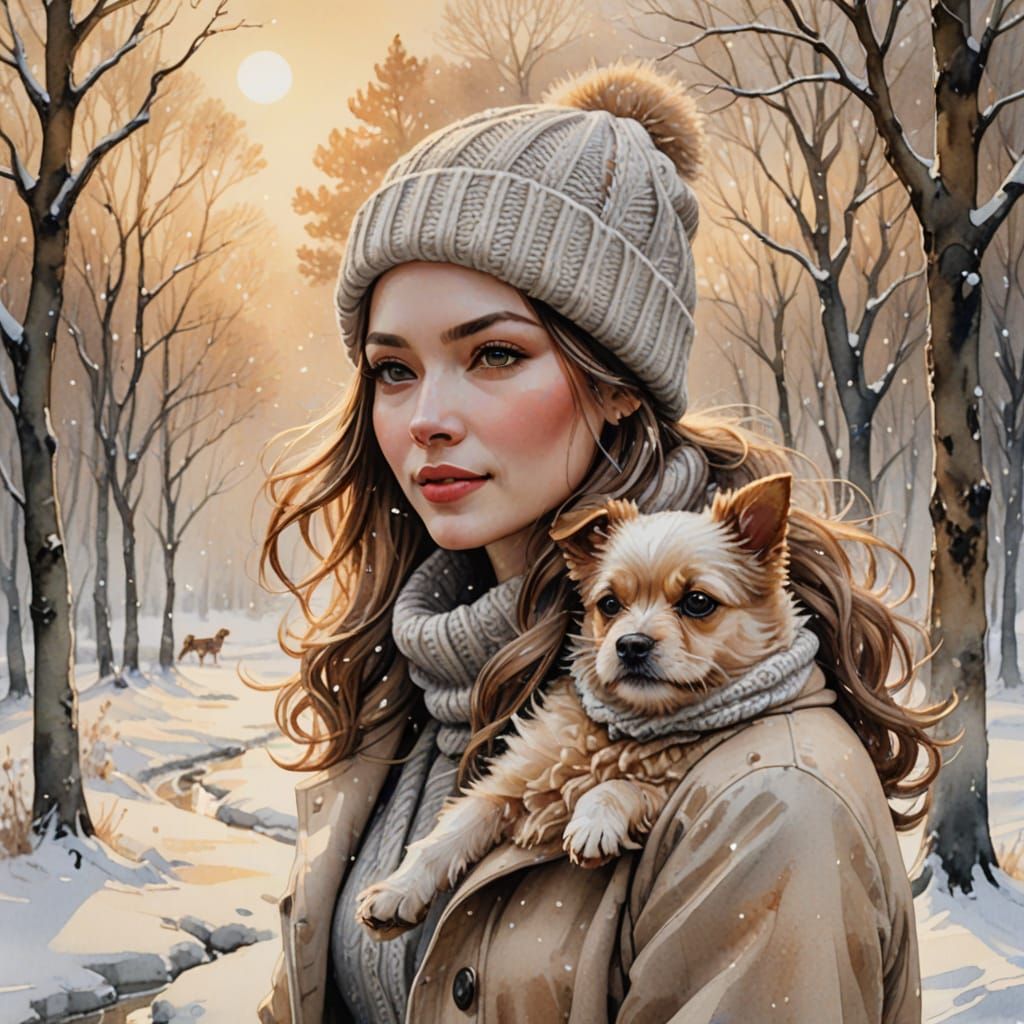 Woman and Dog in Snowy Watercolour Illustration