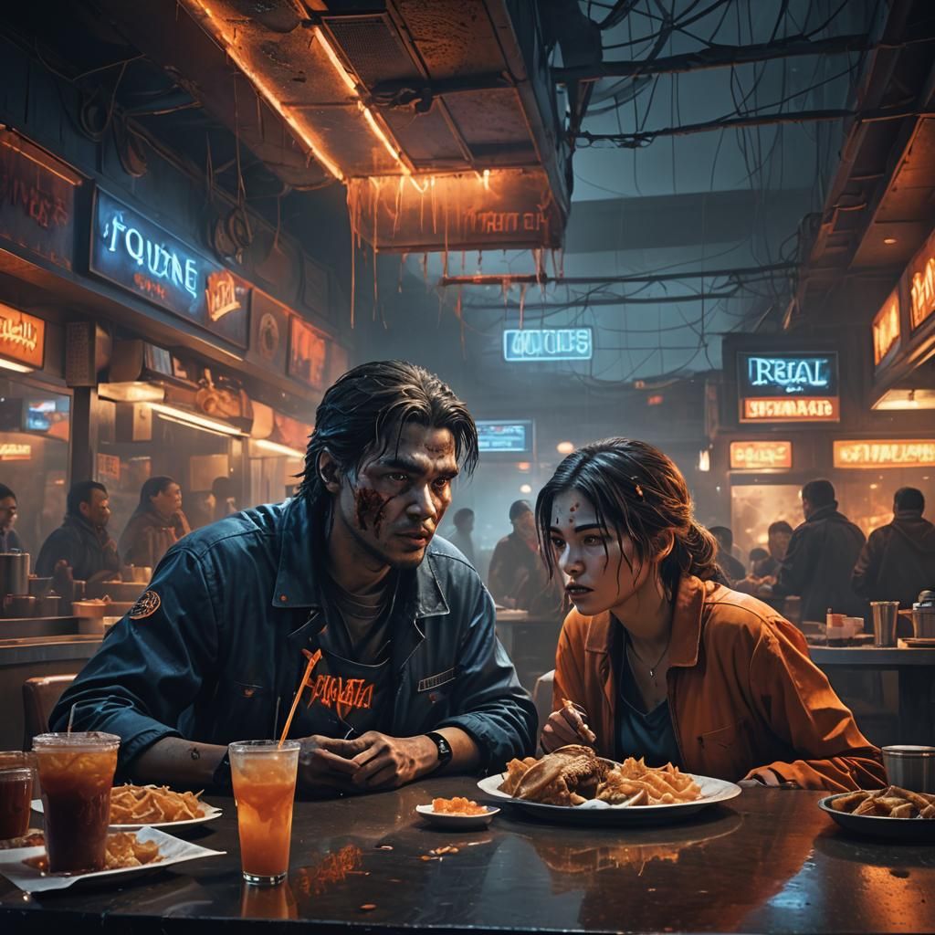 Cannibalistic Scene in Fast Food Restaurant: Dark Fantasy