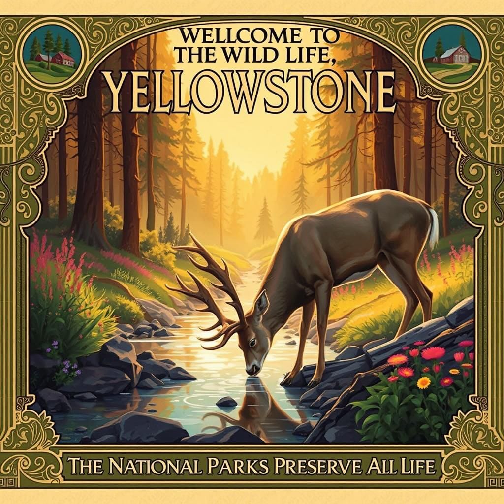 Majestic Deer in Art Nouveau Forest Stream