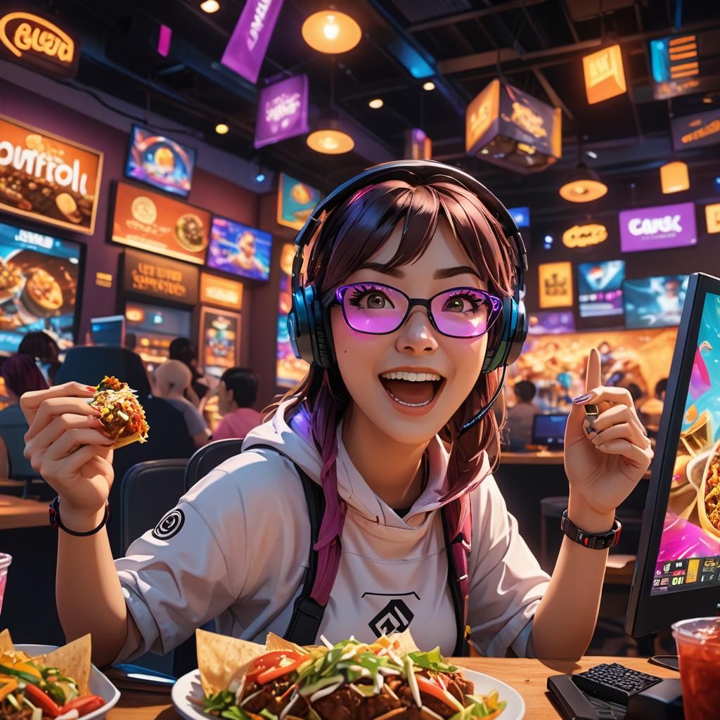 Anime Girl Gamer Enjoys Chipotle Burrito, 3D Art