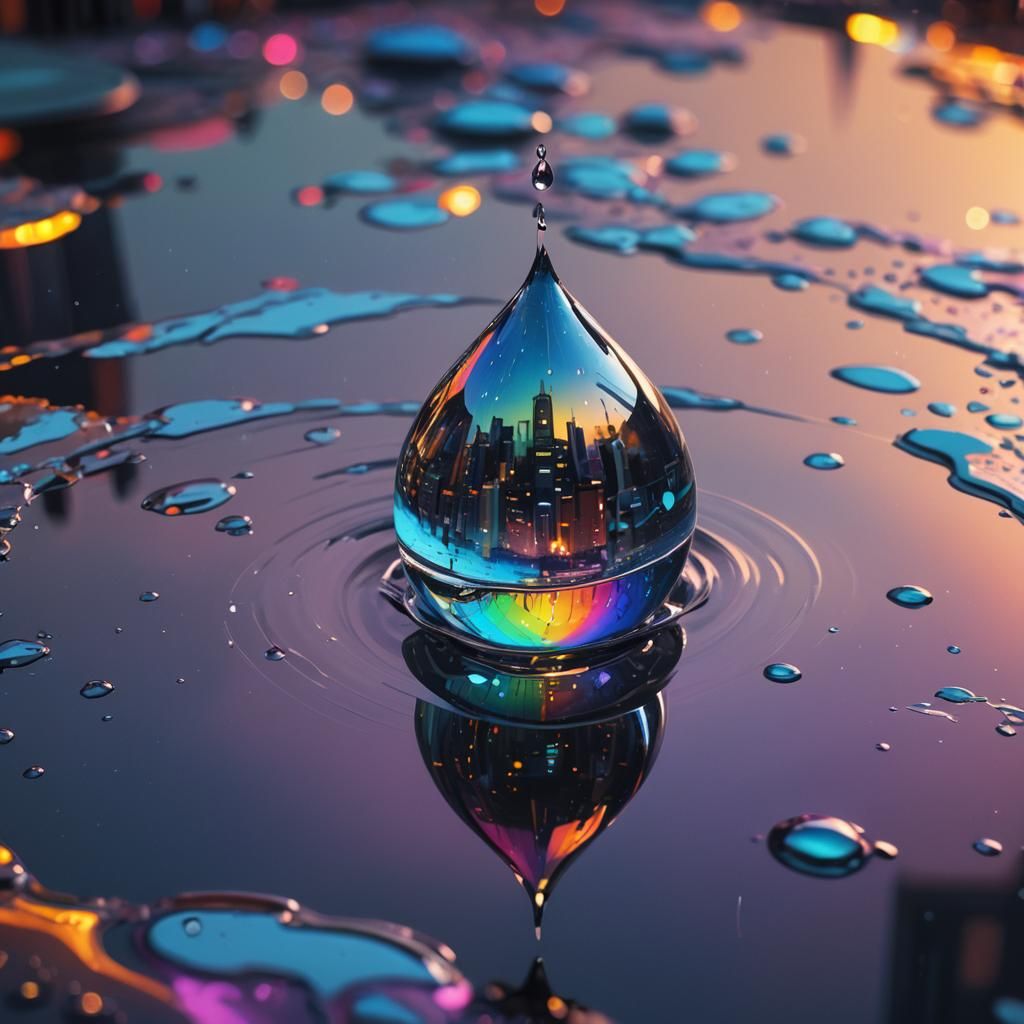 Futuristic City Reflected in Water Droplet