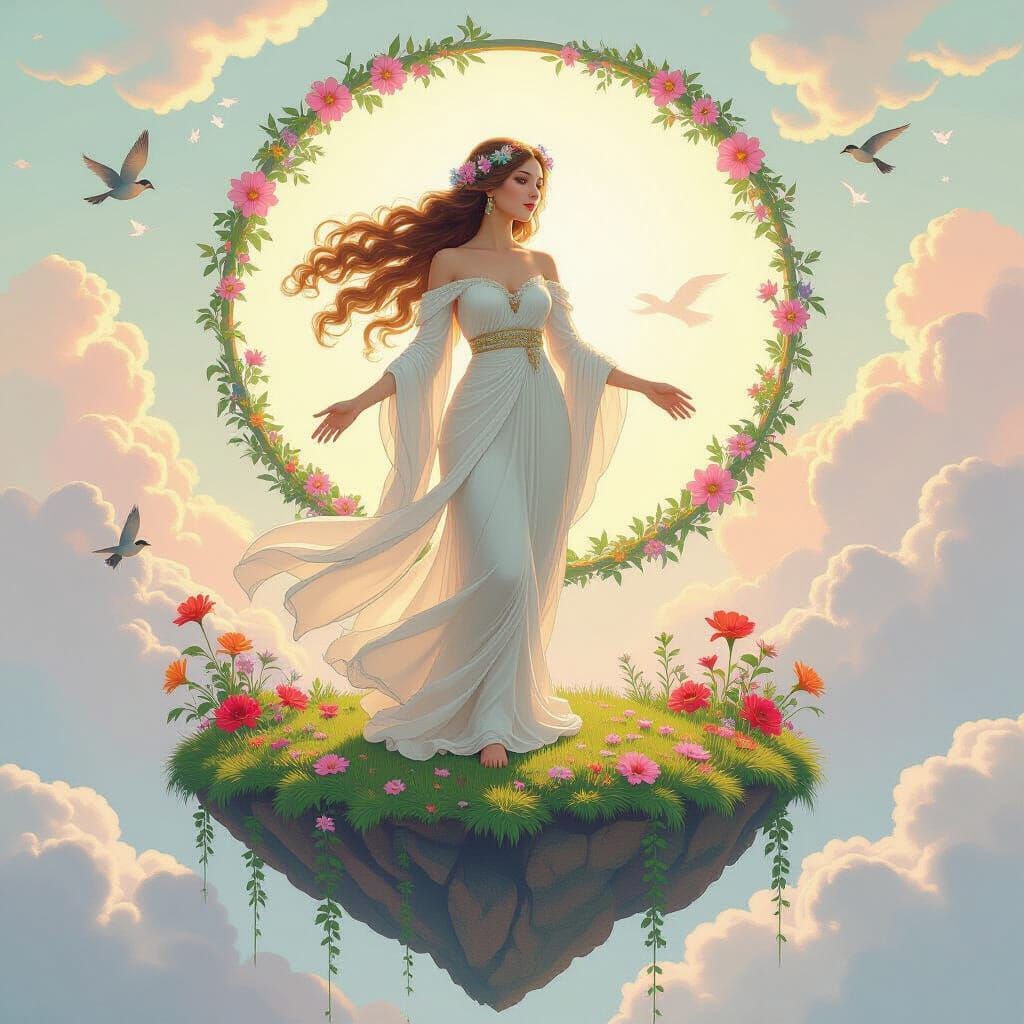 Woman on Floating Island in Art Nouveau Style