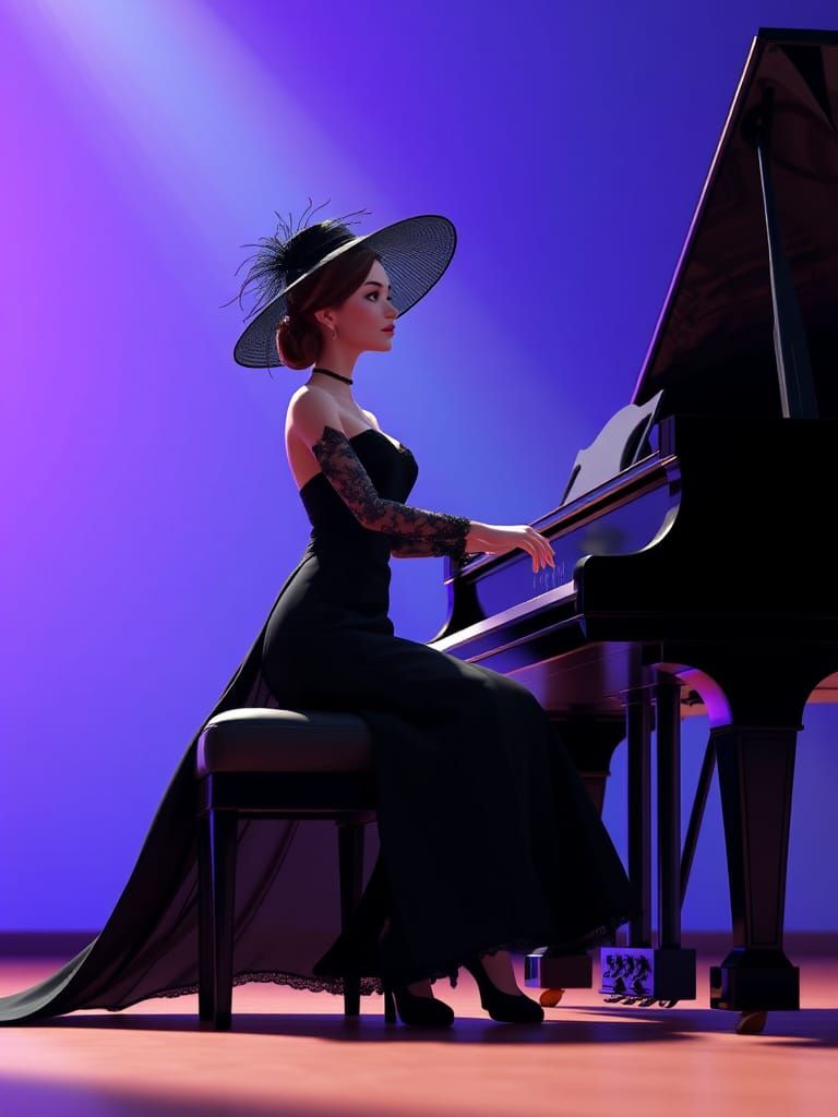 Elegant Woman at Grand Piano: Pixar-Inspired 3D Art