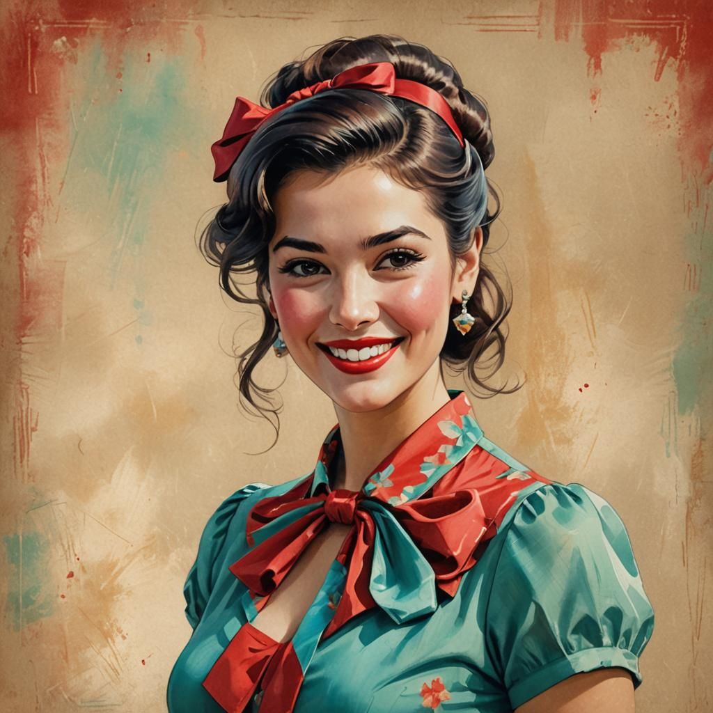 Brunette Pin-Up Girl in Watercolor Style