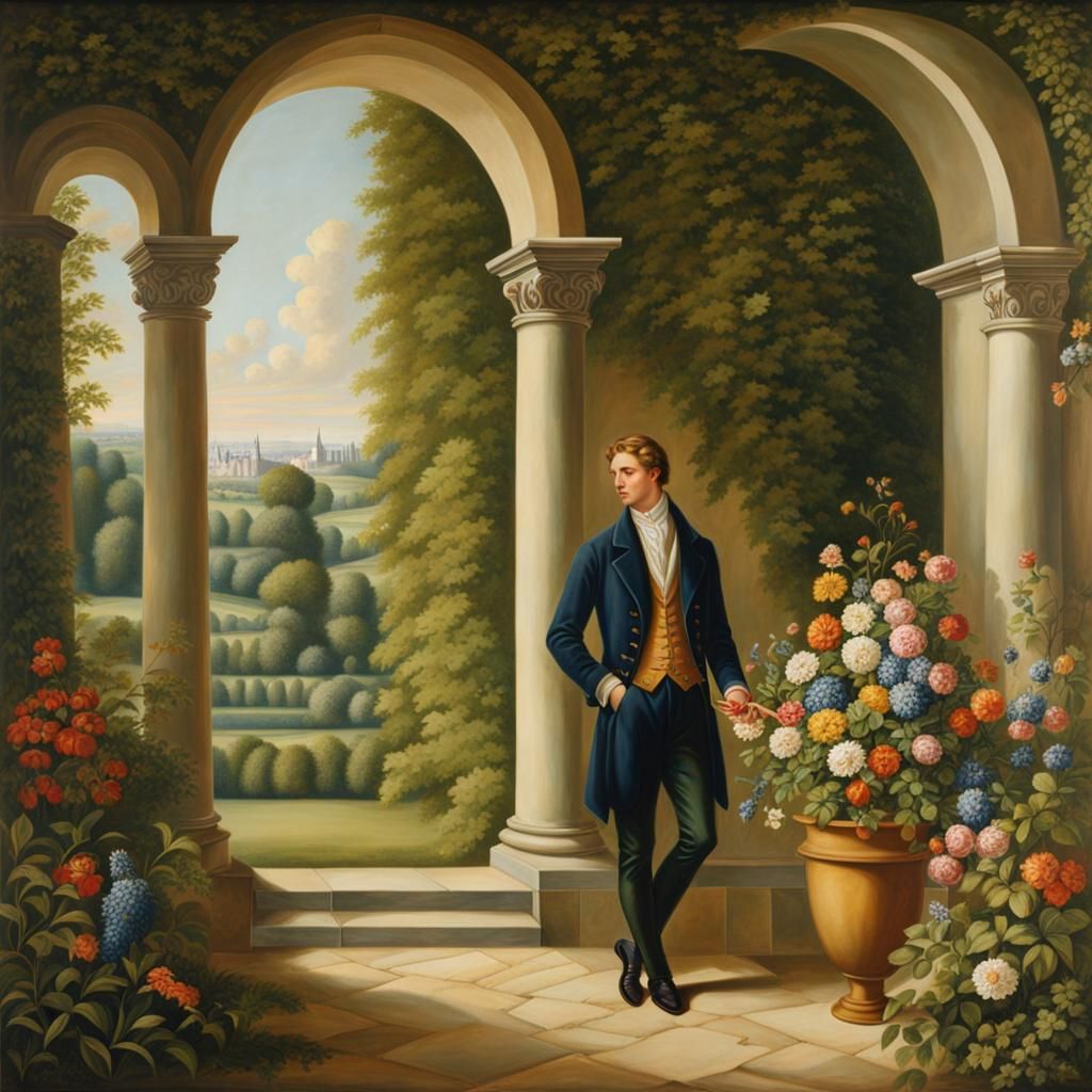 trompe de l'oeil painting in the style of Rainer Maria Latzke; a handsome young gay man in a castle garden